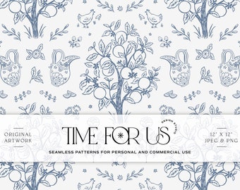 Hand drawn Vintage Blue Citrus Farm Seamless Pattern for Personal or Commercial Use, seamless repeat pattern, Cottage core