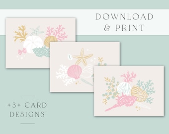 Printable Greeting cards instant download A6 cards - Hand drawn Scattered Beach Shells - Digital Print for Personal Use