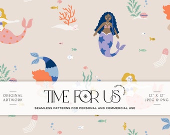 Hand drawn Mermaid & Oceanic Seamless Pattern for Personal or Commercial Use, Digital Background, Paper Set, Mermaid Ocean Fish Kids