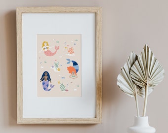 Digital Art Download - Hand drawn Playful Mermaids & Ocean Fish Friends - Digital Print for Personal Use