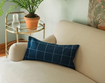 Harrison Plaid Navy Lumbar Designer Decorative Throw Pillow Cover 12" x 24"