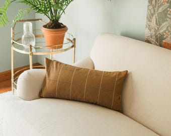Harrison Plaid Camel Lumbar Designer Decorative Throw Pillow Cover 12" x 24"
