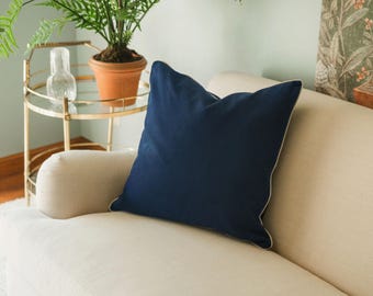 Anne Velvet Navy Corded Designer Decorative Throw Pillow Cover 22" x 22"