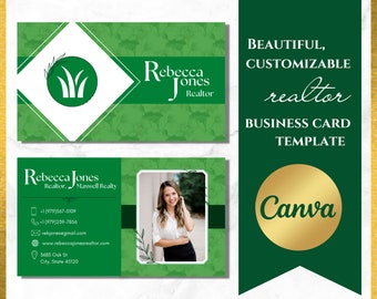 Realtor Business Card, Green Editable Canva Template Download