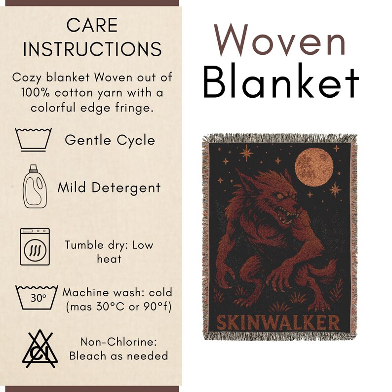 May include: Woven blanket with a dark background featuring a red werewolf illustration, a full moon, and stars. The word "SKINWALKER" is at the bottom. The blanket is made of 100% cotton yarn with a colorful edge fringe.