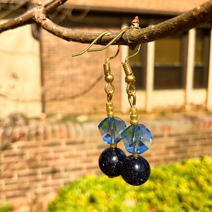 Handmade Natural Gemstone Long Sparkle Celestial Crystal Star Outerspace Earrings, Blue, Black, Nature, Boho, Dressy,
