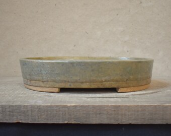 Bonsai Pot 10 inches oval glazed green tan brown tropical deciduous handmade