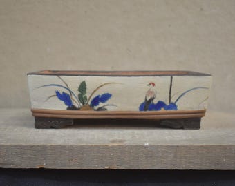 Bonsai Pot 9 inches rectangular hand-painted birds water plants conifer deciduous &quot;Ko Kutani&quot; style hand-carved feet