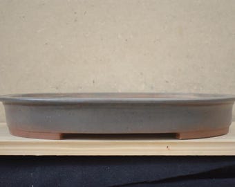 盆栽鉢 16 3/8インチ スチール製 ブルーグレーブラウン釉薬仕上げ オーバル型 手作り