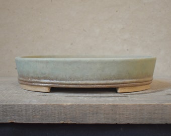 Bonsai Pot 10 inches oval glazed green tan cream deciduous tropical handmade