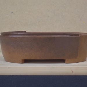 Puede incluir: Una maceta para bonsái de cerámica, baja y de forma ovalada, con un acabado marrón tierra mate. El recipiente presenta un borde ancho y plano, y una base empotrada con pequeñas patas, mostrando una textura uniforme y sin esmaltar.