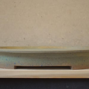 Puede incluir: Maceta de bonsái ovalada con acabado moteado verde claro y marrón. La maceta tiene un borde redondeado y un orificio de drenaje rectangular. Se apoya sobre una superficie de madera. Aproximadamente 30 cm de diámetro.