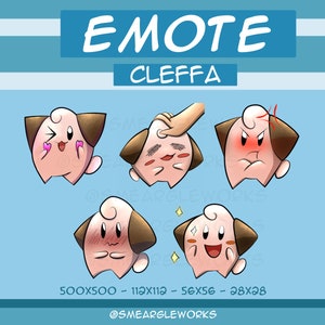 May include: A set of six digital stickers featuring a pink and brown cartoon character with different facial expressions. The character is named Cleffa and the stickers are labeled "EMOTE CLEFFA".