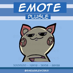 May include: A cartoon illustration of a tan cat with red ears and a cross on its cheek. The cat has a sly expression and is looking to the right. The text "EMOTE PLUSLE" is above the cat and the text "500X500 - 110X110 - 56X56 - 28X28" and "@SMEARGLEWORKS" are below the cat.