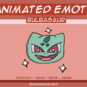 Może przedstawiać: Animowana cyfrowa ilustracja zielonego Pokemona Bulbasaura z czerwonymi oczami i szerokim uśmiechem. Postać otoczona jest błyszczącymi gwiazdami na różowym tle. Tekst "ANIMATED EMOTE BULBASAUR" znajduje się w górnej części obrazu. Tekst "500X500 - 112X112 - 56X56 - 28X28" znajduje się w dolnej części obrazu. Tekst "@SMEARgleWORKS" znajduje się w dolnej części obrazu.