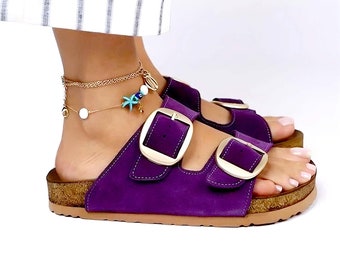 Women Sandal, Purple Double Buckle Slides Sandals, Suede Leather Sandals Women, Purple Women Leather Sandals, Handmade Sandals For Women