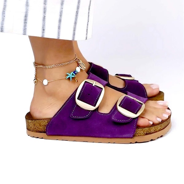 Sandales pour femmes, mules violettes à double boucle, sandales en cuir suédé pour femmes, sandales en cuir violettes pour femmes, sandales faites main pour femme