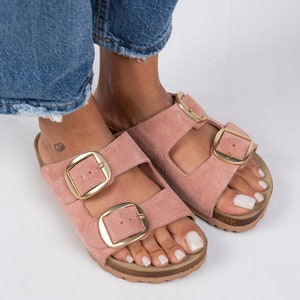 Double Buckle Slides Sandals, Suede Leather Cork Sandals Women, Pink Sandals Women Leather, Handmade , Leather Strap Sandals