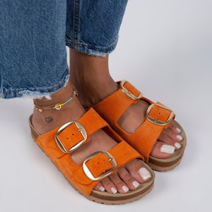 Suede Leather Sandals Women, Orange Sandals Women Leather, Handmade Double Buckle Slides Sandals, Summer Sandals, Leather Strap Sandals