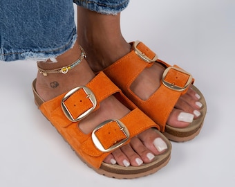 Suede Leather Sandals Women, Orange Sandals Women Leather, Handmade Double Buckle Slides Sandals, Summer Sandals, Leather Strap Sandals
