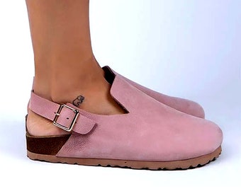 Women Clog, Suede Leather Backstrap Clog For Women, Handmade Buckled Strap Clogs, Pink Leather Back Strap Clog For Women