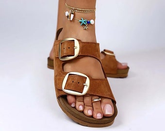 Sandales en cuir suédé femme, sandales marron clair pour femme en cuir, claquettes à double boucle faites main, sandales d'été, sandales à lanières de cuir