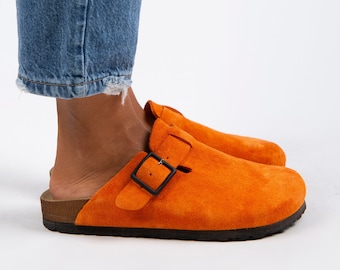 Halloween Gift For Women, Halloween Leather Clogs Sandals For Women, Suede Leather Clogs For Women, Orange Handmade Leather Clogs Sandals