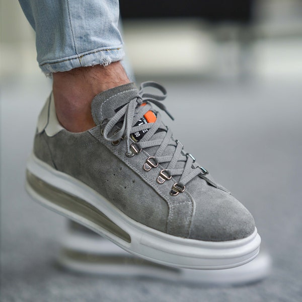 Grey Low-Top Laced Sneakers, Men's Leather Sneakers, Casual Leather Sneakers, Leather Shoes, Handmade Shoe