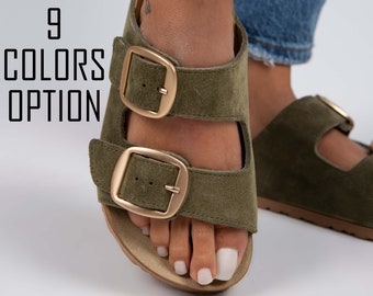 Suede Leather Sandals Women, Double Buckle Slides Sandals, Cork Sandals Women, Handmade Leather Sandals, Leather Strap Sandals