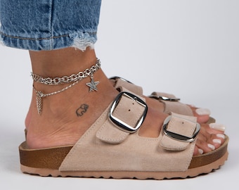 Raar Wear Irene Beige Double Buckle Slides Sandals For Women, Leather Sandals Women, Beige Women Leather Sandals, Gift For Her