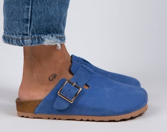 Sandalias de zuecos de cuero para mujer, zuecos de cuero de ante azul para mujer, sandalias de zuecos de cuero hechas a mano, regalo para mujer, zapatos de zuecos de mujer Zeta