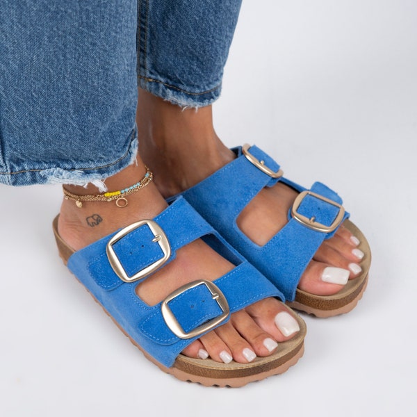 Double Buckle Slides Sandals, Suede Leather Sandals Women, Blue Sandals Women Leather, Handmade , Summer Sandals, Leather Strap Sandals