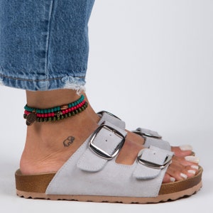 Double Buckle Slides Sandals, Suede Leather Sandals Women, Grey Sandals Women Leather, Handmade , Summer Sandals, Leather Strap Sandals