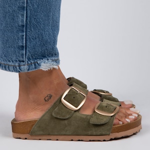 Khaki Double Buckle Slides Sandals, Suede Leather Sandals Women, Khaki Women Leather Sandals, Handmade Sandals, Leather Strap Sandals