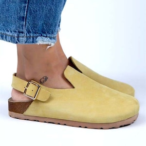 Suede Leather Backstrap Clog For Women, Handmade Buckled Strap Clogs, Yellow Leather Back Strap Clog For Women, Gift For Women