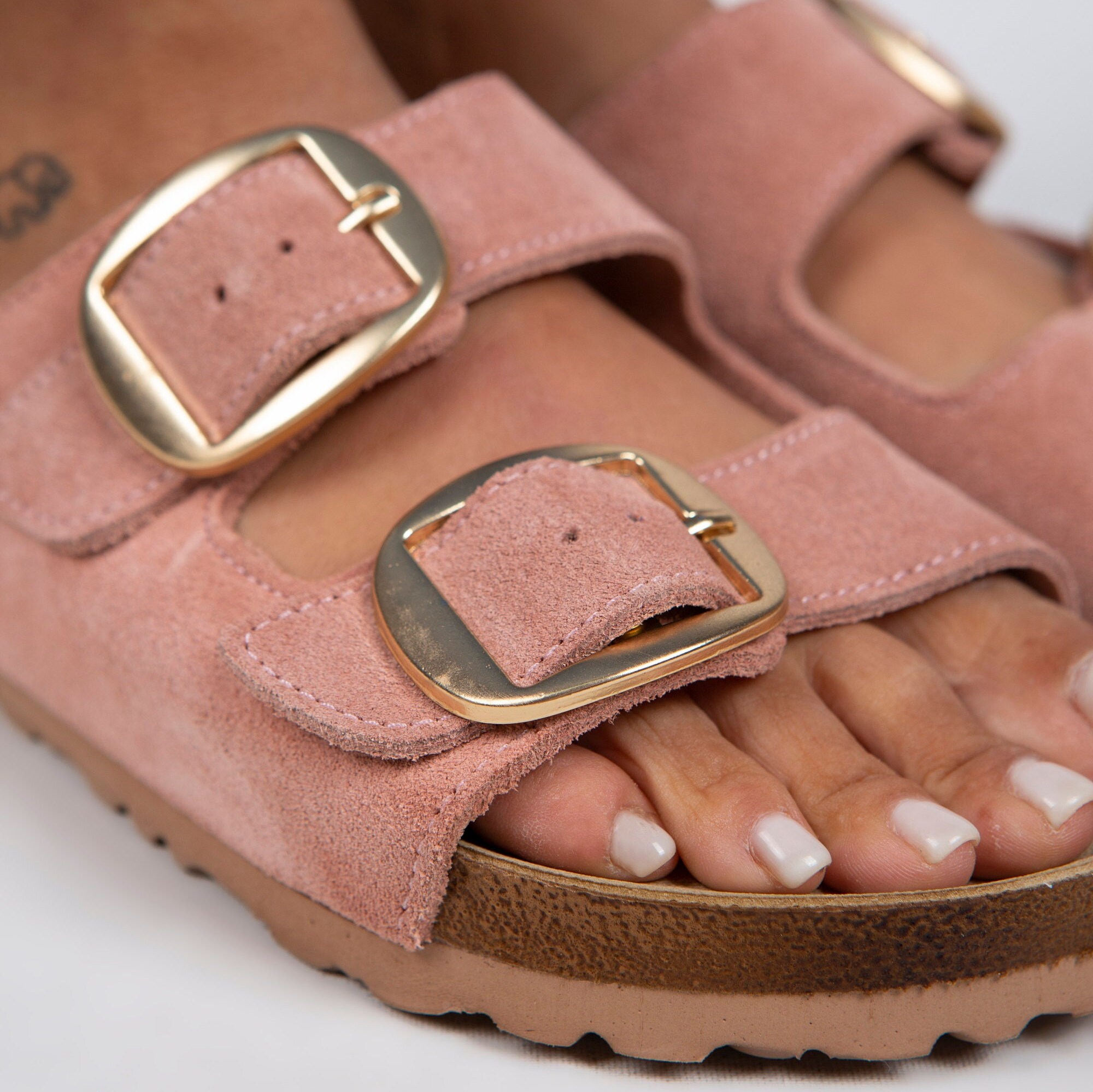 Double Buckle Slides Sandals, Suede Leather Cork Sandals