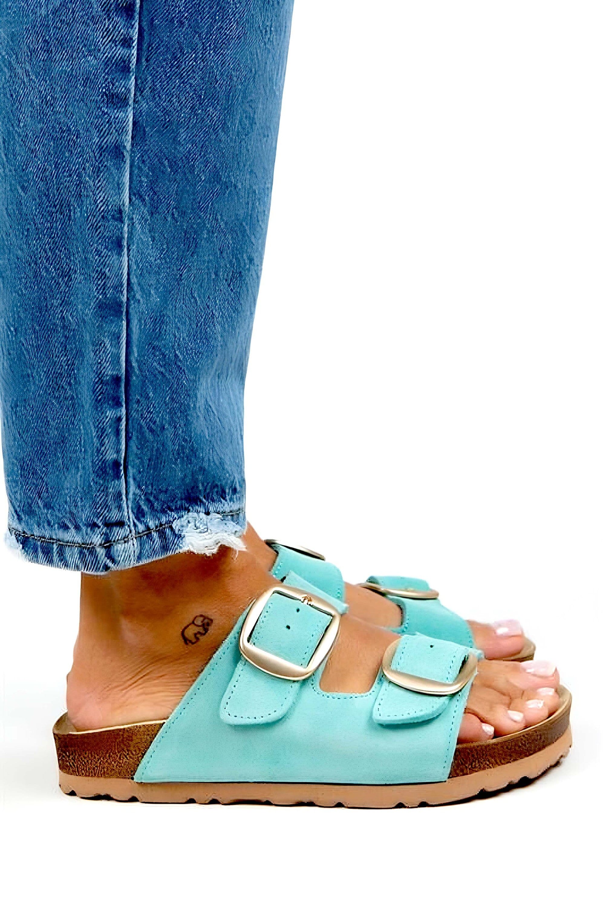Suede Leather Women Sandals , Mint Sandals for Women, Handmade Double Buckle Slides Sandals, Summer Sandals, Gold Buckle Leather Sandals