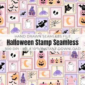 May include: A repeating pattern of Halloween-themed stamps. The stamps feature pumpkins, bats, ghosts, spiders, and haunted houses in orange, purple, and pink. The text "Halloween Stamp Seamless" is visible.
