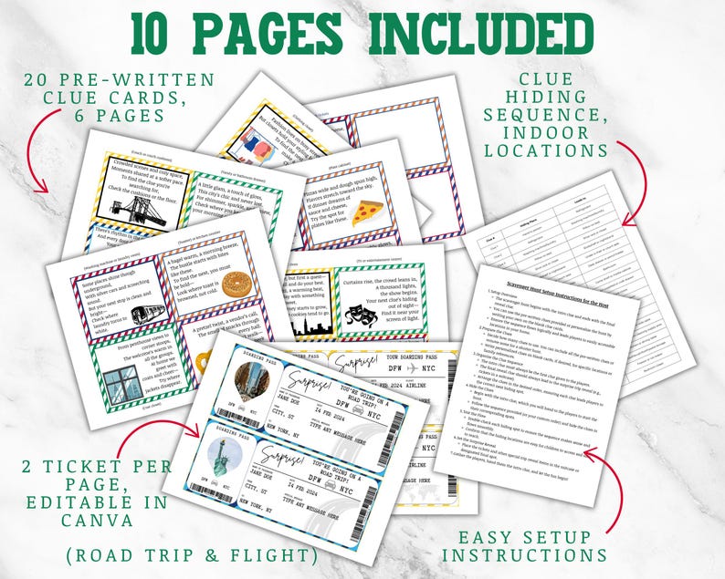 May include: A printable scavenger hunt game with 10 pages, including 20 pre-written clue cards, a clue hiding sequence, indoor locations, and easy setup instructions. The game features a road trip and flight theme with tickets and a map.
