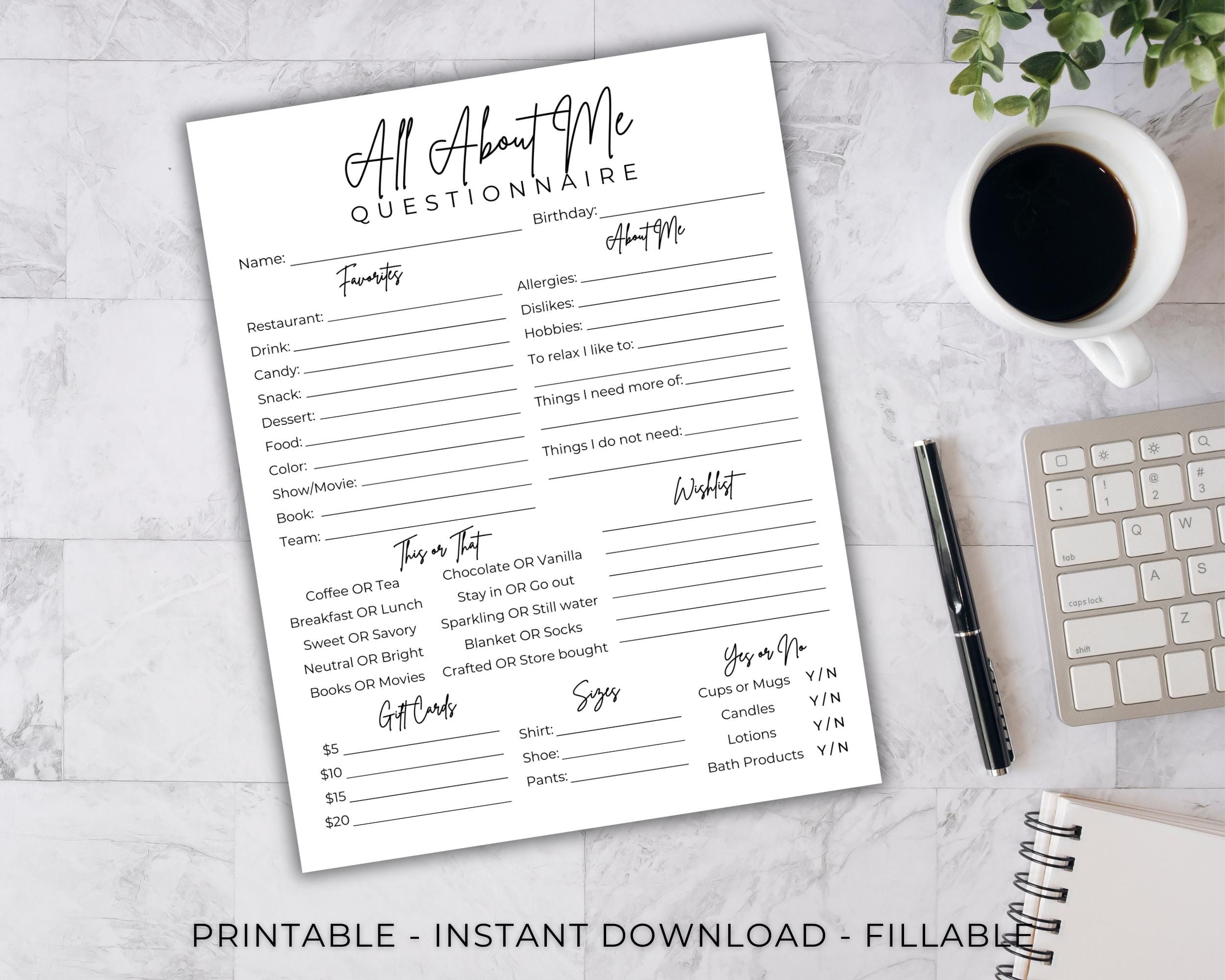 Team Building 'all About Me' Questionnaire: Employee Survey (fillable ...