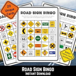 道路標識ビンゴ印刷可能、ロードトリップビンゴ、子供向けロードトリップゲーム、旅行アクティビティ、ロードトリップアクティビティ印刷可能、印刷可能なゲーム、車ゲーム