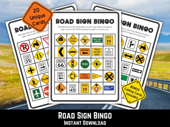 Road Sign Bingo Printable, Road Trip Bingo, Kids Road Trip Games, Travel Activity, Road Trip Activity Printables, Printable Games, Car Games