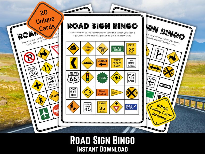 K&ouml;nnte beinhalten: Road-Sign-Bingo-Spiel mit 20 einzigartigen Karten und Bonus-Anrufkarten. Das Spiel zeigt verschiedene Verkehrsschilder, darunter Geschwindigkeitsbegrenzungen, Umleitungsschilder und Routenmarkierungen. Der Text "Road Sign Bingo" und "Instant Download" werden angezeigt.