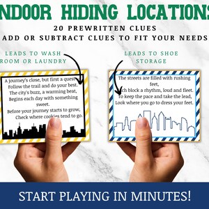 May include: Two cards with yellow and blue stripes and a cityscape silhouette. The text on the cards reads: "A journey's close, but first a quest. Follow the trail and do your best. The city's buzz, a warming beat, Begins each day with something sweet. Before your journey starts to grow, Check where cookies tend to go." and "The streets are filled with rushing feet, Each block a rhythm, loud and fleet. To keep the pace and take the lead, Look where you go to dress your feet."