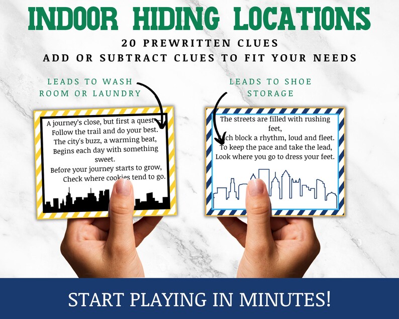 May include: Two cards with yellow and blue stripes and a cityscape silhouette. The text on the cards reads: "A journey's close, but first a quest. Follow the trail and do your best. The city's buzz, a warming beat, Begins each day with something sweet. Before your journey starts to grow, Check where cookies tend to go." and "The streets are filled with rushing feet, Each block a rhythm, loud and fleet. To keep the pace and take the lead, Look where you go to dress your feet."