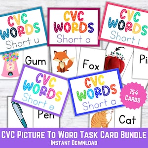 May include: A set of 154 CVC picture to word task cards for teaching early literacy skills. The cards feature colorful illustrations and the words "CVC Words" with different short vowel sounds. The words include "gum", "fox", "pin", "pen", and "cat".