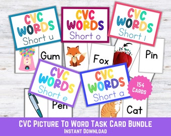 May include: A set of 154 CVC picture to word task cards for teaching early literacy skills. The cards feature colorful illustrations and the words "CVC Words" with different short vowel sounds. The words include "gum", "fox", "pin", "pen", and "cat".