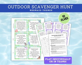 Op de afbeelding: Een printbare outdoor-speurtocht voor kinderen met een zeemeermin-thema. Het spel bevat 10 aanwijzingen met kleurrijke illustraties en instructies om individueel of in teams te spelen.
