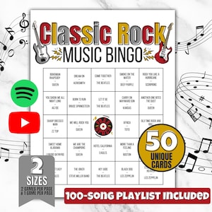 以下が含まれることがあります： 50枚のユニークなカードを備えたクラシックロックミュージックビンゴゲーム。ゲームは、上部に「Classic Rock Music Bingo」という言葉が付いた、クラシックロックの曲のタイトルのグリッドを備えています。100曲のプレイリストが含まれています。ゲームは2つのサイズで利用できます。