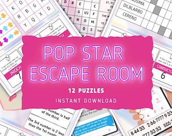 Op de afbeelding: Een roze afbeelding met de tekst "POP STAR ESCAPE ROOM" in neonstijl, met "12 PUZZLES" en "INSTANT DOWNLOAD" eronder. De afbeelding bevat verschillende puzzelpagina's met aanwijzingen en spelelementen.